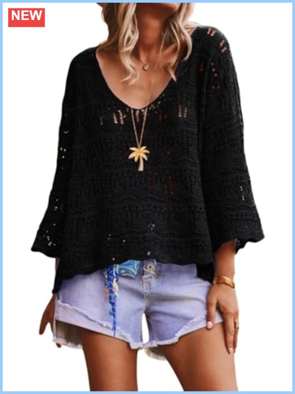Women's Crochet Sweater 3/4 Sleeve Boho V-Neck Pullover Top